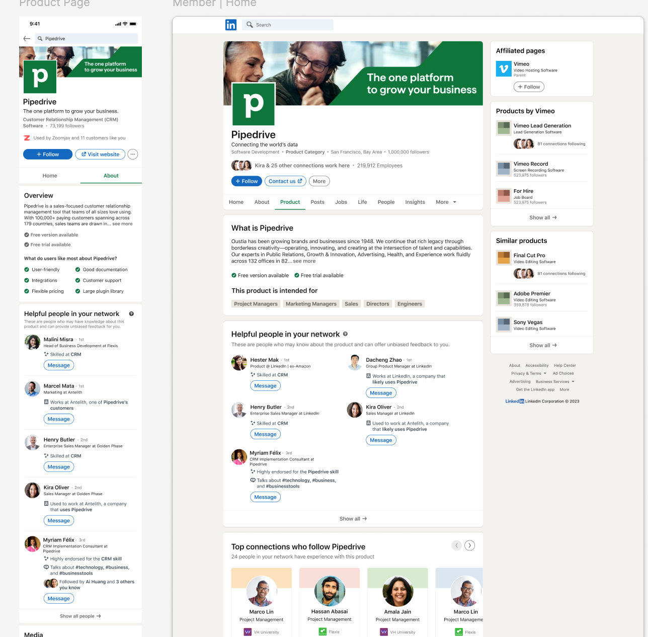Helpful People module in context on a LinkedIn Product Page, mobile and web