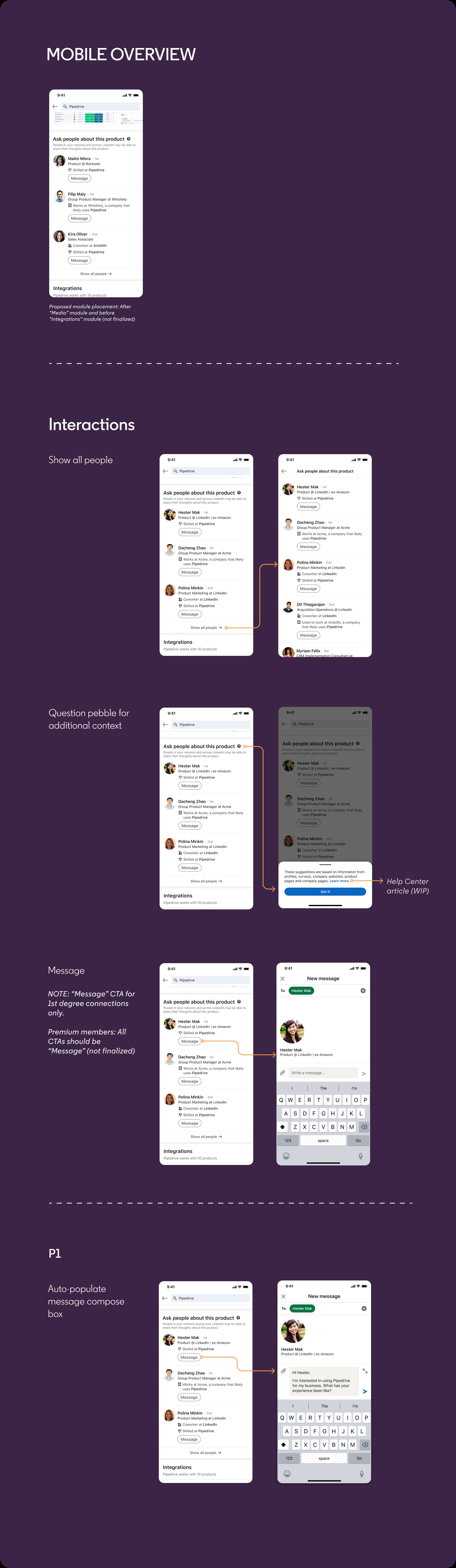 Mobile overview: module placement, show all people, question pebble, and message compose flow