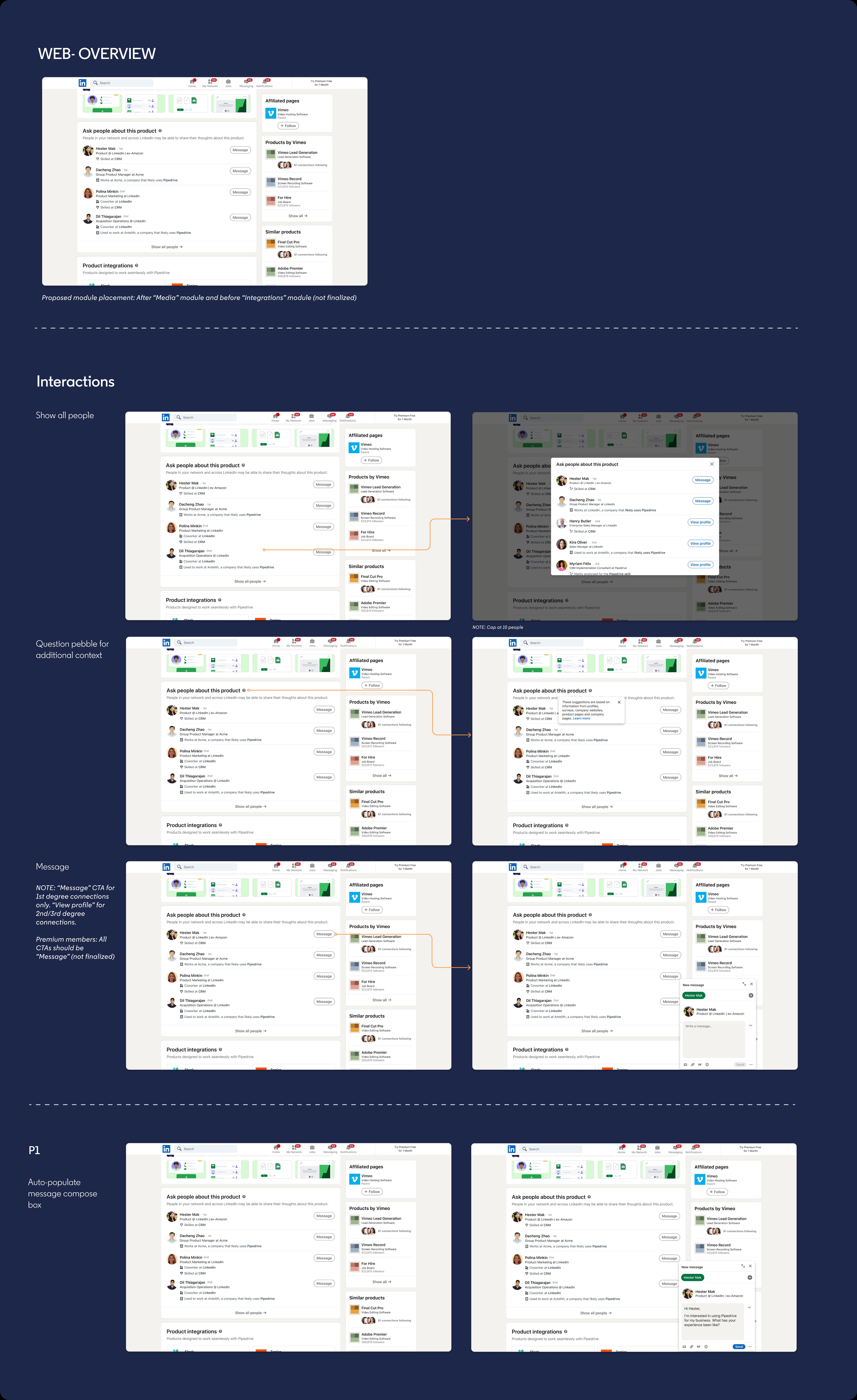 Web overview: module placement, show all people, question pebble, and message compose flow on desktop