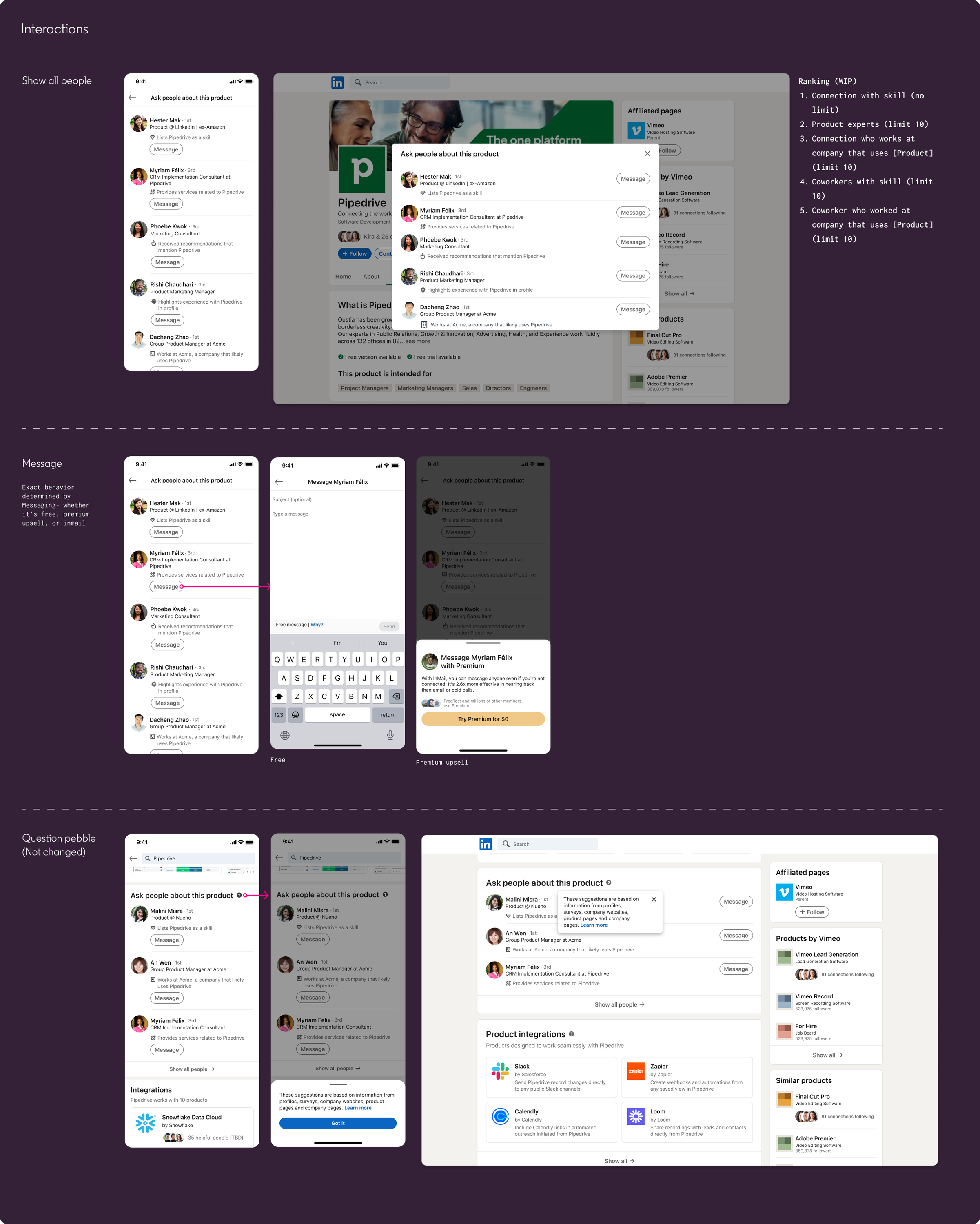 Product Experts interactions: show all people, message flow, question pebble