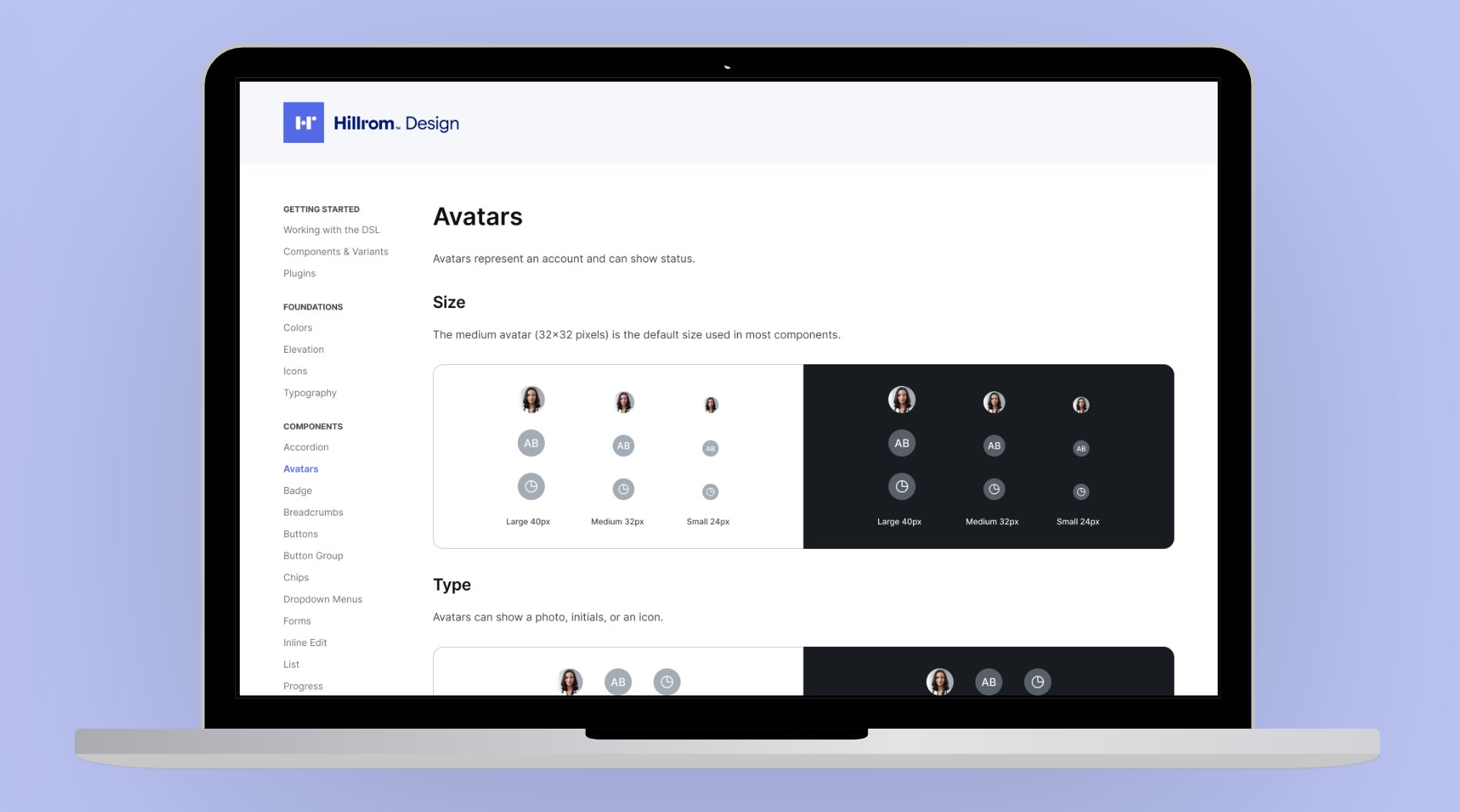 Hillrom Design documentation site: Avatars component page