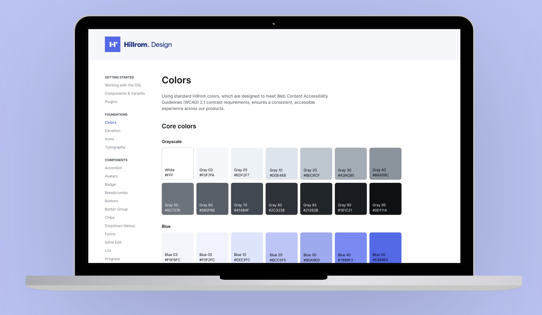 Hillrom Design documentation site: Colors foundation page