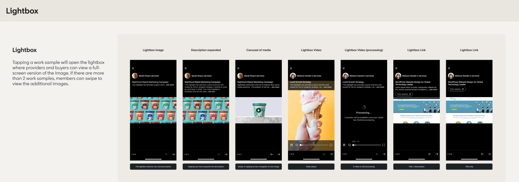 LinkedIn Services lightbox states for images, video and links