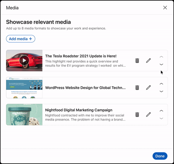 Prototype showing a provider reordering media on a LinkedIn Service Page using accessible directional controls