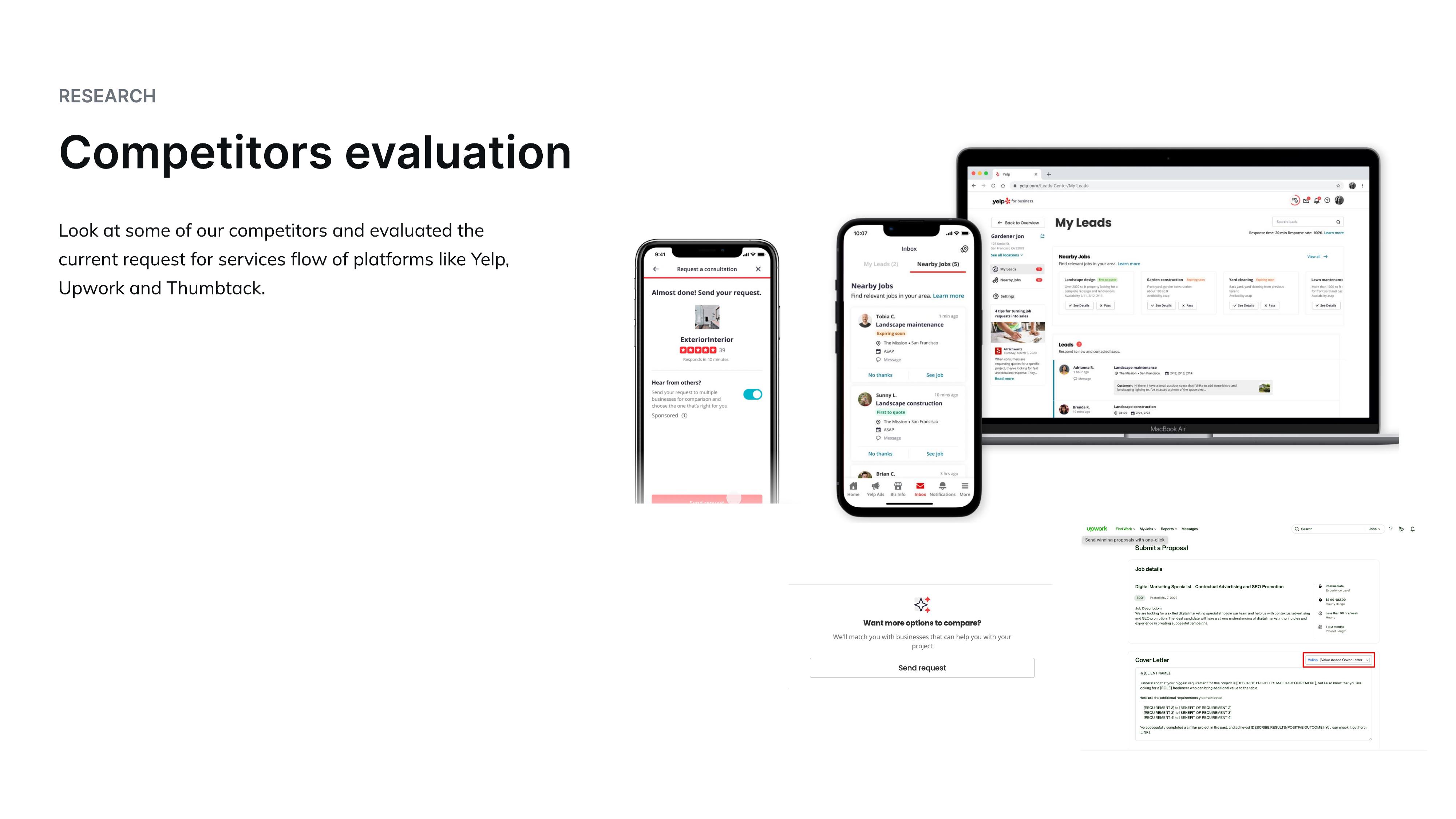 Competitor evaluation: Yelp, Upwork, and Thumbtack request flows