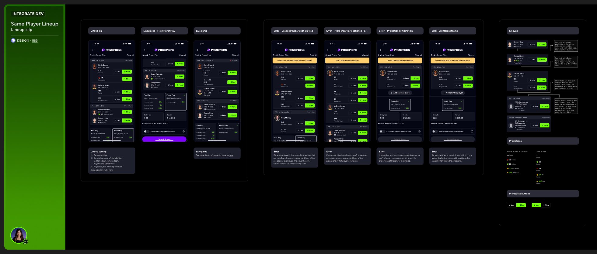 Stacks: Figma spec sheet showing lineup slip states, error states, and projection components
