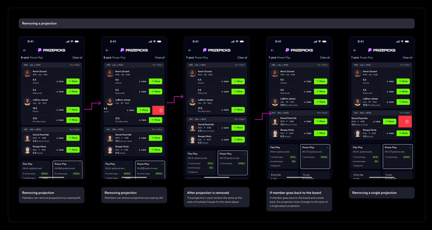 Stacks: removing a projection flow showing swipe-to-delete interaction across five states