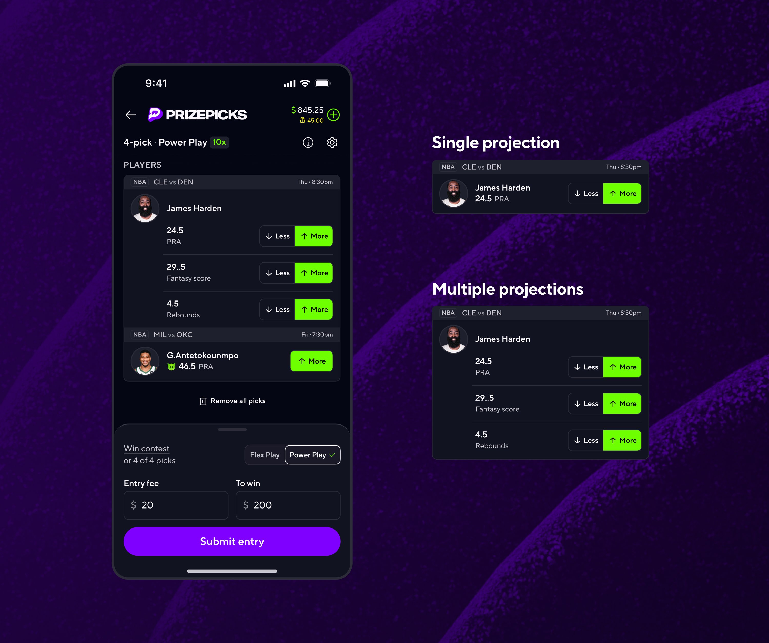 Stacks: entry UI showing single and multiple projections for the same player