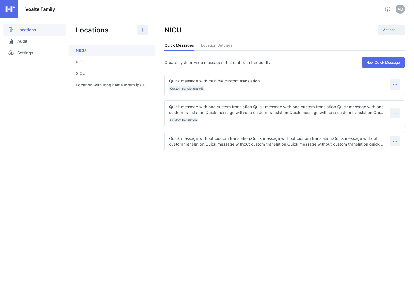 Voalte Family hospital admin portal showing quick messages for a hospital location