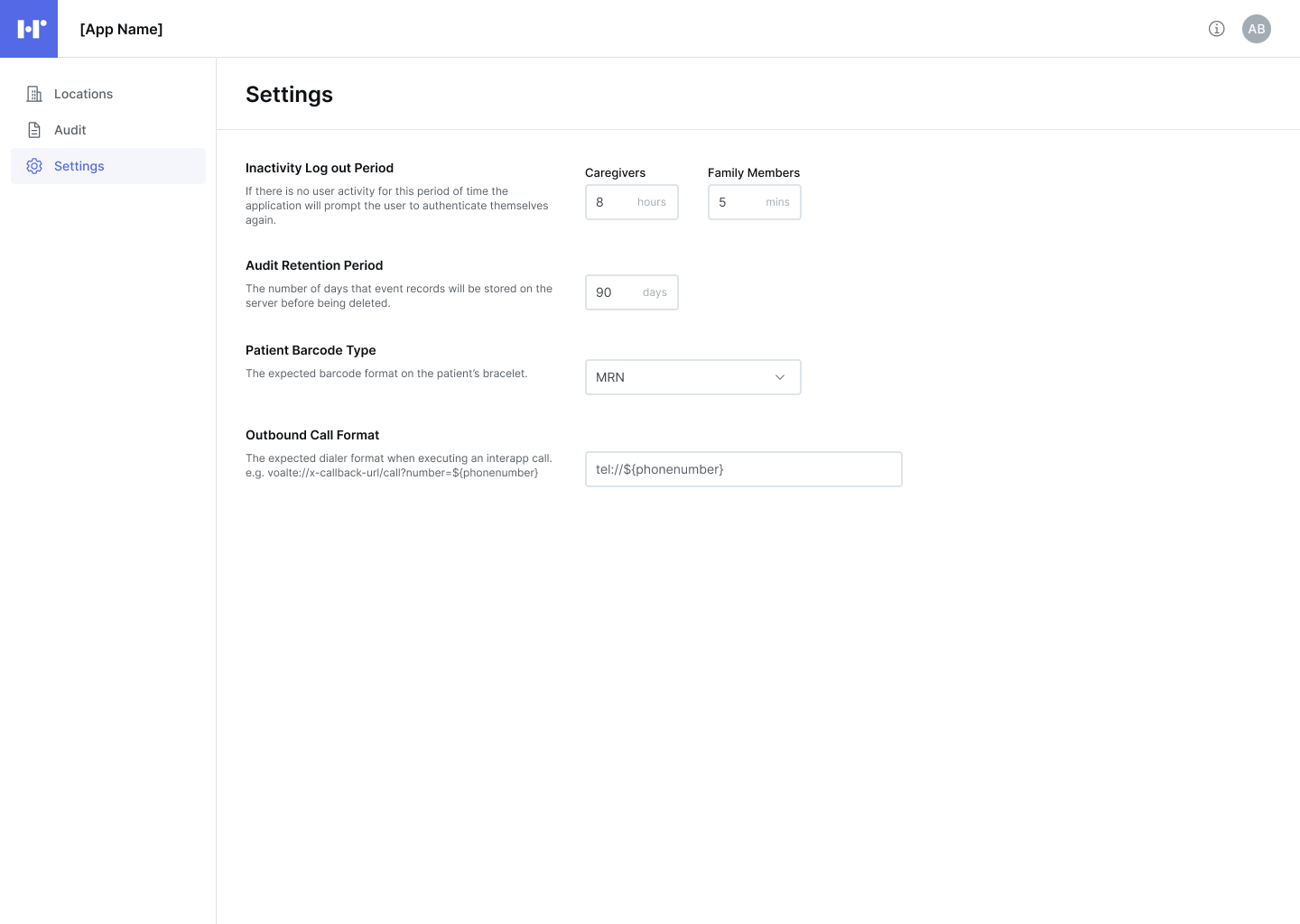 Voalte Family admin portal system settings