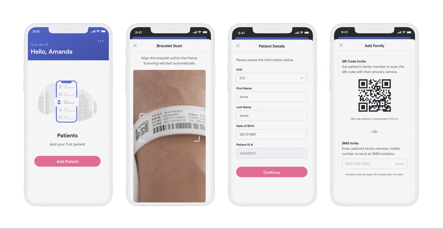 Caregiver flow from adding a patient through scanning a bracelet, verifying patient details and inviting family