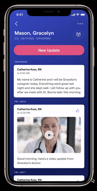 Animated prototype showing patient updates in Voalte Family